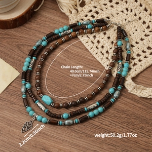 Collier à trois couches en perles de bois vintage avec pendentif cœur style bohème