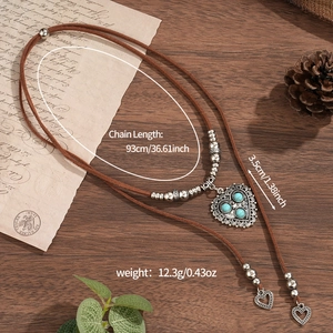 Bohemian double-layer necklace with turquoise heart pendant on brown wax cord
