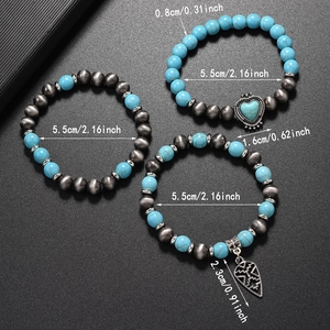 Detailed size specifications for turquoise beaded bracelet set with heart and arrow charms