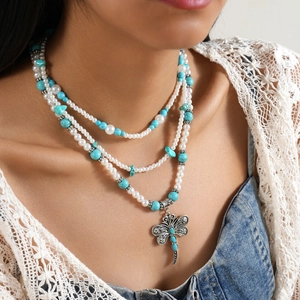 Bohemian Layered Necklace For Women With Imitation Artificial Pearl And Turquoise Beads Vintage Alloy Dragonfly Pendant