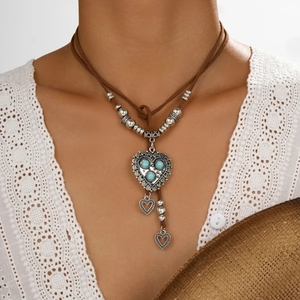 Bohemian retro double layer heart necklace with turquoise beads on brown suede cord