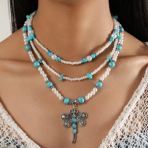 Bohemian multi-layer necklace with faux pearls, turquoise beads and dragonfly pendant