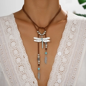 Bohemian Vintage Dragonfly Pendant Necklace Ethnic Handmade Faux Suede Cord Tassel Feather Long Necklace For Women Jewelry