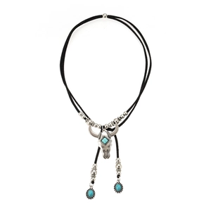 Bohemian bull head necklace with turquoise stones and vintage silver pendant on black cord