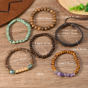 Detail of 6-piece bohemian stackable bracelets with wood beads, leather and amethyst stone