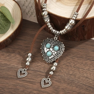 Bohemian double-layer faux suede necklace with vintage silver heart and turquoise beads