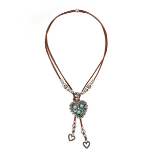 Bohemian double-layered heart necklace with turquoise stones and brown suede cord