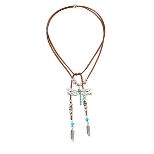 Bohemian dragonfly and feather pendant necklace with blue beads and leather cord