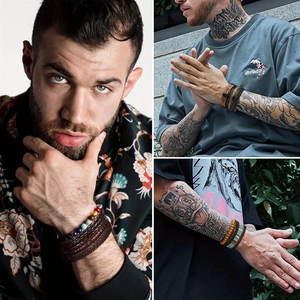 Men's multilayered braided leather bracelet set with natural chakra stone beads