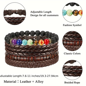 Five-piece ethnic men's bracelet set with natural stones and brown braided leather bands