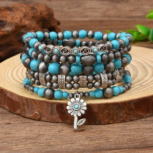 Bracelets en Perles de Turquoise Vintage Bohème pour Femmes Gris Bleu Bracelet Élastique Avec Pendentif Fleur Bijoux Ethniques