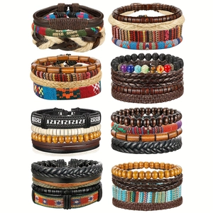 Vintage Men Multilayer Bracelet Set Handmade Leather Wax Cord Wood Beads Natural Stone Ethnic Adjustable Wristband Jewelry