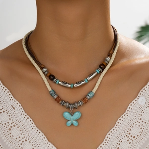 Vintage Ethnic Bohemian Layered Necklace For Women Turquoise Butterfly Pendant Handmade Braided Leather Rope Chain Necklace Jewelry