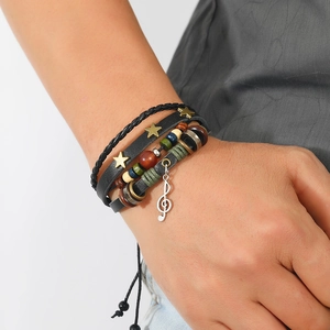 Retro punk multi-layer braided leather bracelet with star charms and musical note pendant