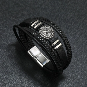 Men's Viking compass multilayer black leather bracelet with silver magnetic buckle closure