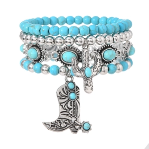 4pcs bohemian elastic bracelet set with turquoise beads, cactus and cowboy boot charms