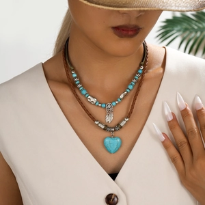 Bohemian layered necklace with heart turquoise stone and dreamcatcher feather pendant