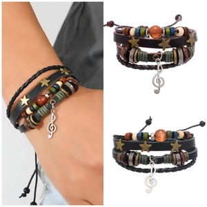 Multilayer leather beaded bracelet with metal music note charm in vintage bohemian style