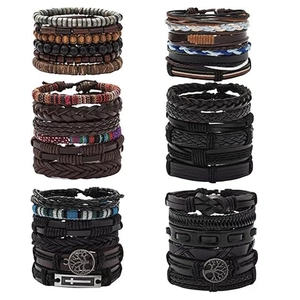 Bracelet en Cuir Tissé Bohème Vintage pour Hommes Femmes Pendentifs Arbre de Vie Croix Bijoux de Mode Faits à la Main Multicouches