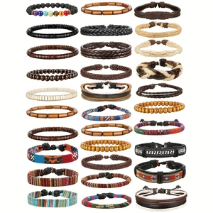 Set of 27 retro braided leather bracelets and natural stone beads on a white background