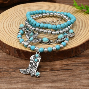 Bohemian Western Turquoise Bead Bracelet Alloy Cactus Cowboy Boot Pendant Retro Beaded Bracelet Women Vacation Jewelry