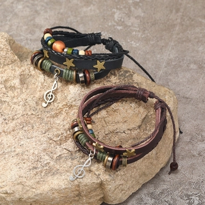 Retro multilayer leather beaded bracelet with musical note and star charm on stone base