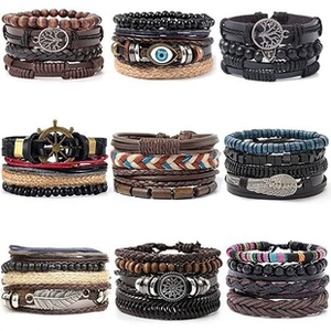 Detailed grid of bohemian multi-layer bracelets featuring wood beads and ethnic charms
