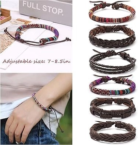 Détail de bracelets multicouches en cuir tressé avec guide des tailles 18 à 22 cm
