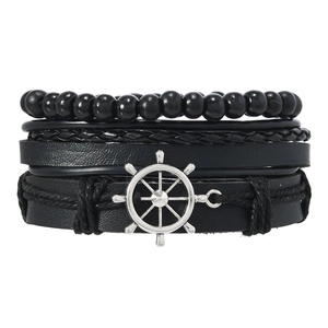 Men's 4-layer beaded leather bracelet set featuring black wood beads and silver helm charm
