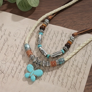 Ethnic double-layer butterfly pendant necklace with turquoise beads and wood accents