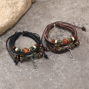 Vintage Multilayer PU Leather Bracelet Alloy Music Note G-Clef Star Pendant Woven Hemp Rope Wood Beads Adjustable Unisex Jewelry