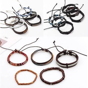 Lot de 36 bracelets d'amitié vintage en cuir tressé et perles de bois multicouches mixtes