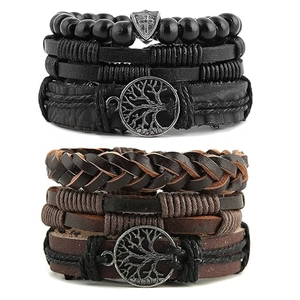 Men Vintage Multi-layered Woven Leather Bracelet Tree Of Life Cross Pendant Alloy Wood Bead Wax Rope Adjustable Jewelry