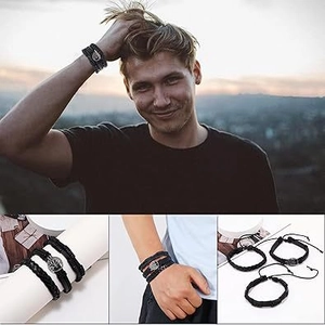 Lot de 3 bracelets vintage en cuir tressé noir avec pendentif arbre de vie pour homme