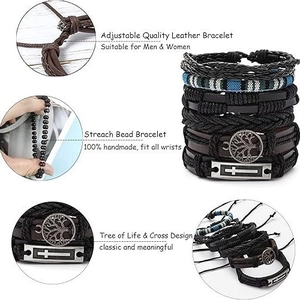 42-piece set of woven leather bracelets with wooden beads and tree of life charms