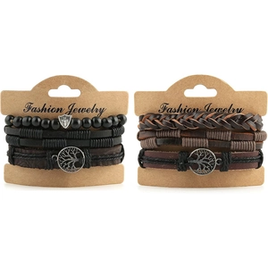 Multi-layer leather bracelet set with Tree of Life and Cross charms on display cards