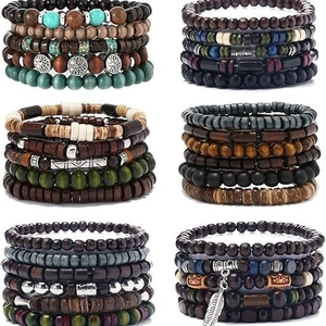 Close-up of 32pcs wood bead bracelets featuring tree of life and feather metal charms