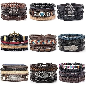 Vintage Multi-Layer Cowhide Leather Bracelet For Men Woven Wax Rope Wood Beads Tree Of Life Feather Charms Retro Jewelry