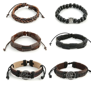 Set of six vintage multi-layer leather bracelets with tree of life and cross metal charms
