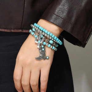 4-piece bohemian layered bracelet set with cactus and cowboy boot charms on turquoise beads