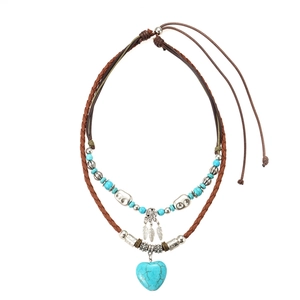 Bohemian double-layer necklace featuring green beads, feather charm and turquoise heart pendant