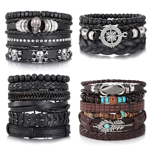 Vintage Multi-layer Leather Bracelet Skull Feather Compass Pendant Adjustable PU Leather Alloy Wood Men Fashion Jewelry