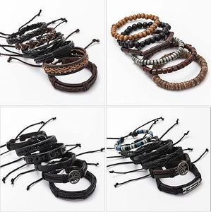 42-piece unisex braided leather bracelet set with wood beads and ethnic charms