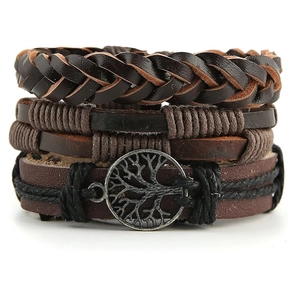 Men's vintage multilayer leather bracelet set with tree of life and cross charms