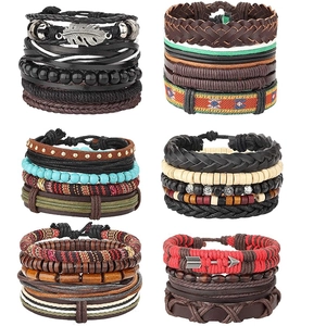 Ethnic Tribal Braided Leather Bracelet Set For Men Women Handmade Wood Bead Charm Bohemian Vintage Wristband Jewelry Gift
