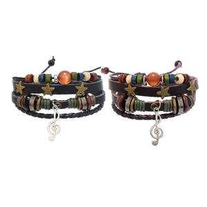 Retro multi-layer leather braided bracelet set with musical note and star charms