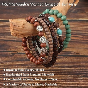 32-piece set of adjustable men's wooden bead bracelets featuring Tree of Life metal charms