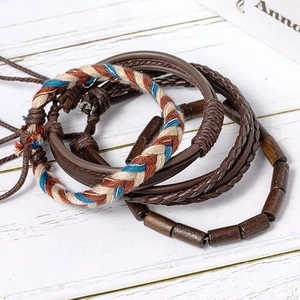 36-piece set of retro multi-layer men's braided leather bracelets with wood beads