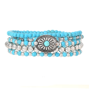 Bohemian style set of 5 turquoise and silver beaded elastic bracelets with engraved oval charm