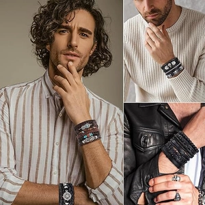 Men's 19-piece vintage set with skull beads, woven leather bracelets and engraved silver rings